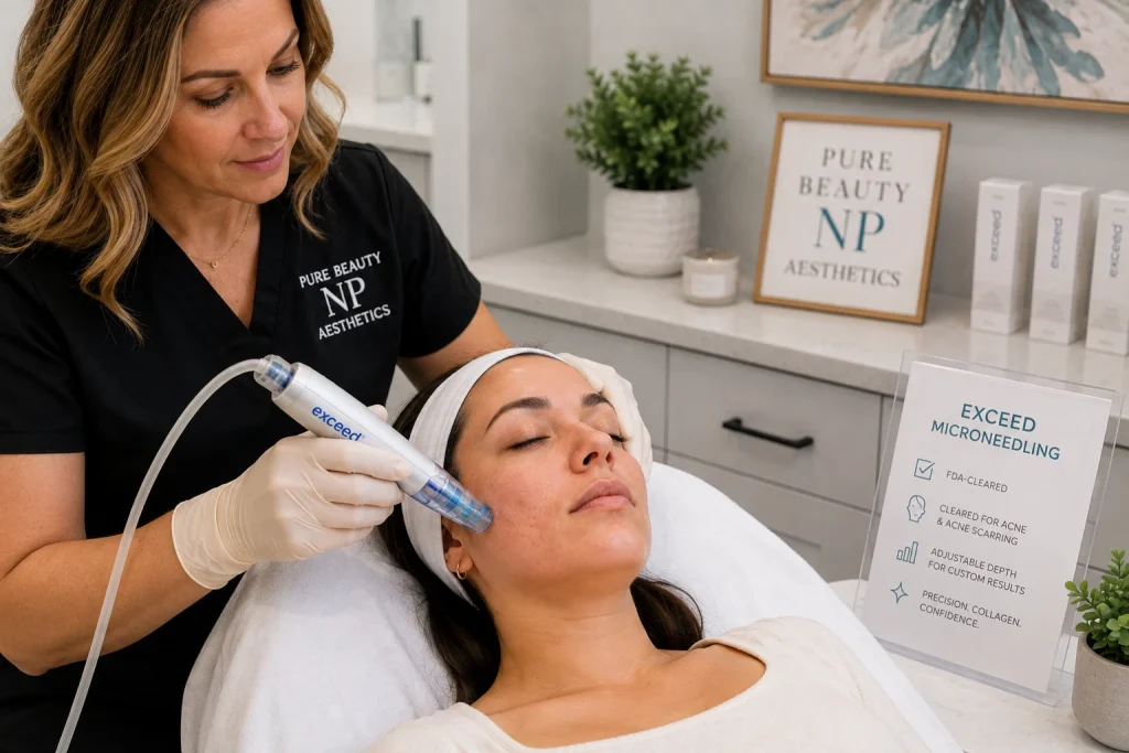 Exceed Microneedling treatment for acne scars and skin texture at PureBeautyNP Aesthetics in Tiverton RI